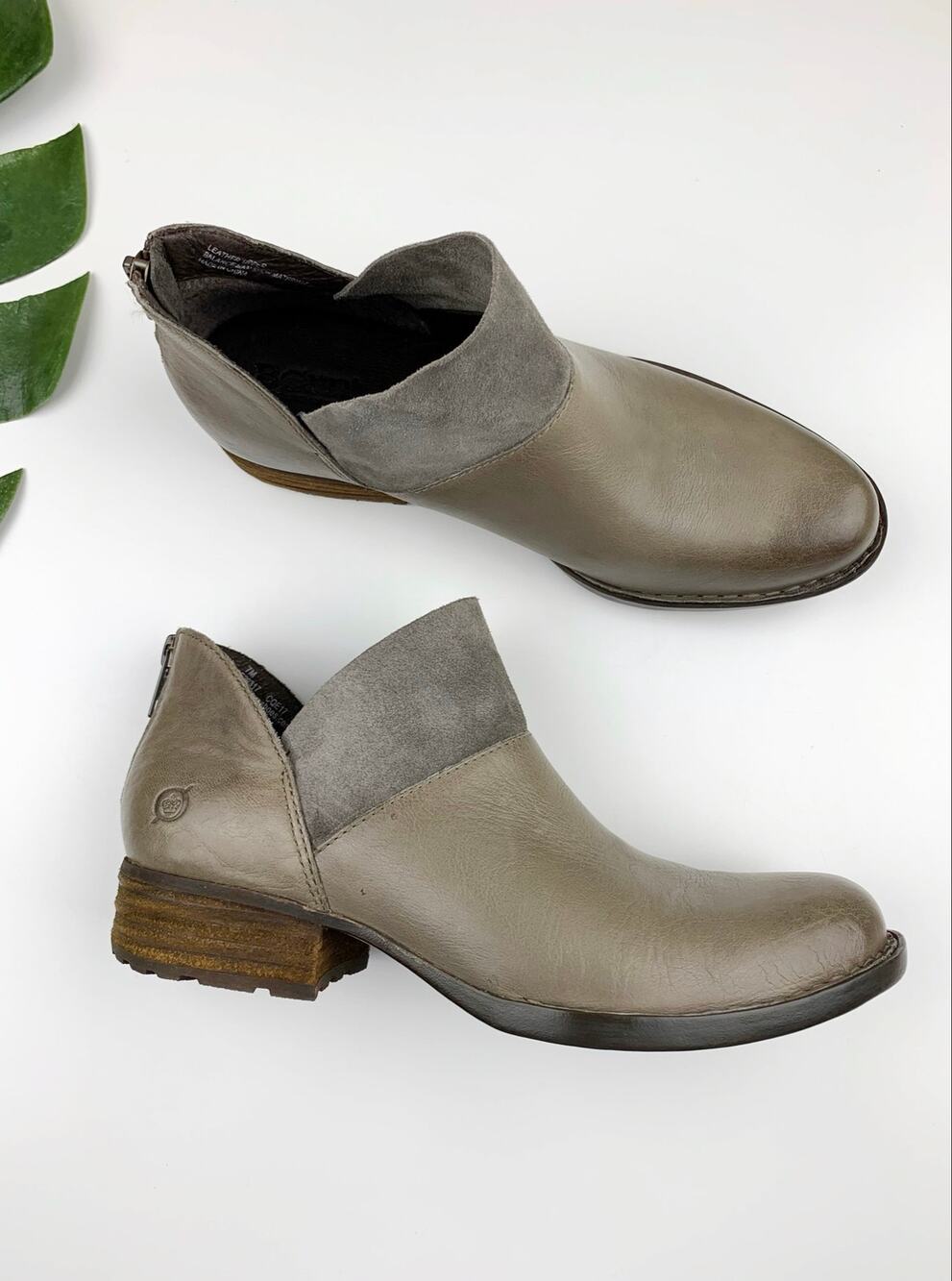 Born Karava Booties Taupe Gray Leather Ankle Boots Zipper Suede Trim Women's 7